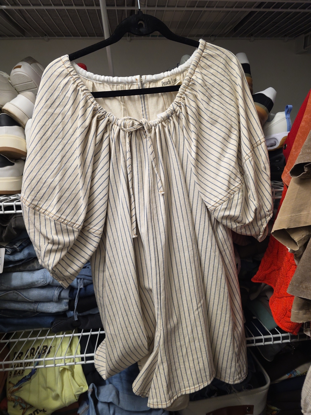 Peach Love California Cream Top with Navy Pinstripes